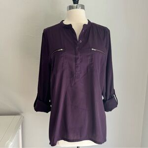 Halogen Dark Purple Round Neck Roll-Tab Sleeve Half Button Zip Pocket Blouse, L
